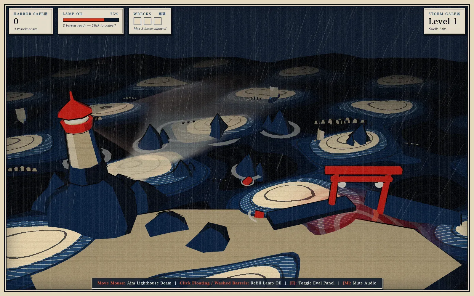 Argos 4.0 run, ten seconds in: a vermilion-capped lighthouse on a rock, a vermilion torii gate at the harbor, a dark sea of ringed reefs and pointed rocks on a paper-coloured shore, with rain and woodblock-style HUD panels.