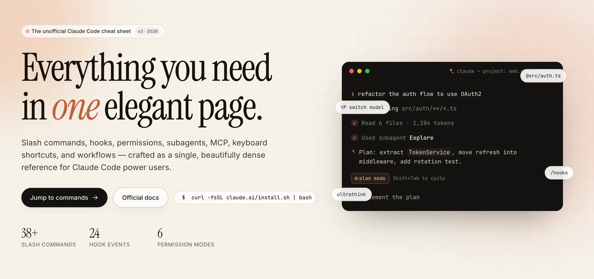 The cheat sheet front page: Everything you need in one elegant page, next to a Claude Code session refactoring an auth flow