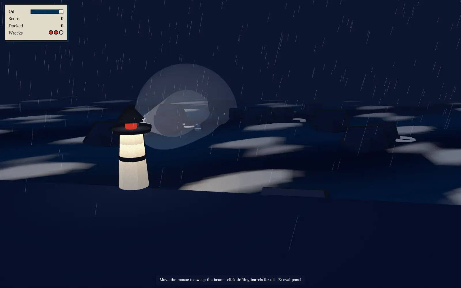 Haiku 5.5 run, ten seconds in: a white lighthouse with a red lamp on a dark navy sea, a translucent dome of light over rocks, rain, and a small panel showing oil, score and two wrecks already.