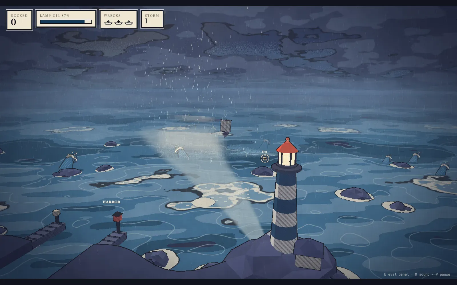 Opus 5.5 run, ten seconds into storm I: a striped lighthouse on a rock casts a pale beam across a banded indigo sea toward a ship, with rocks, curling wave crests, rain and a harbor pier.