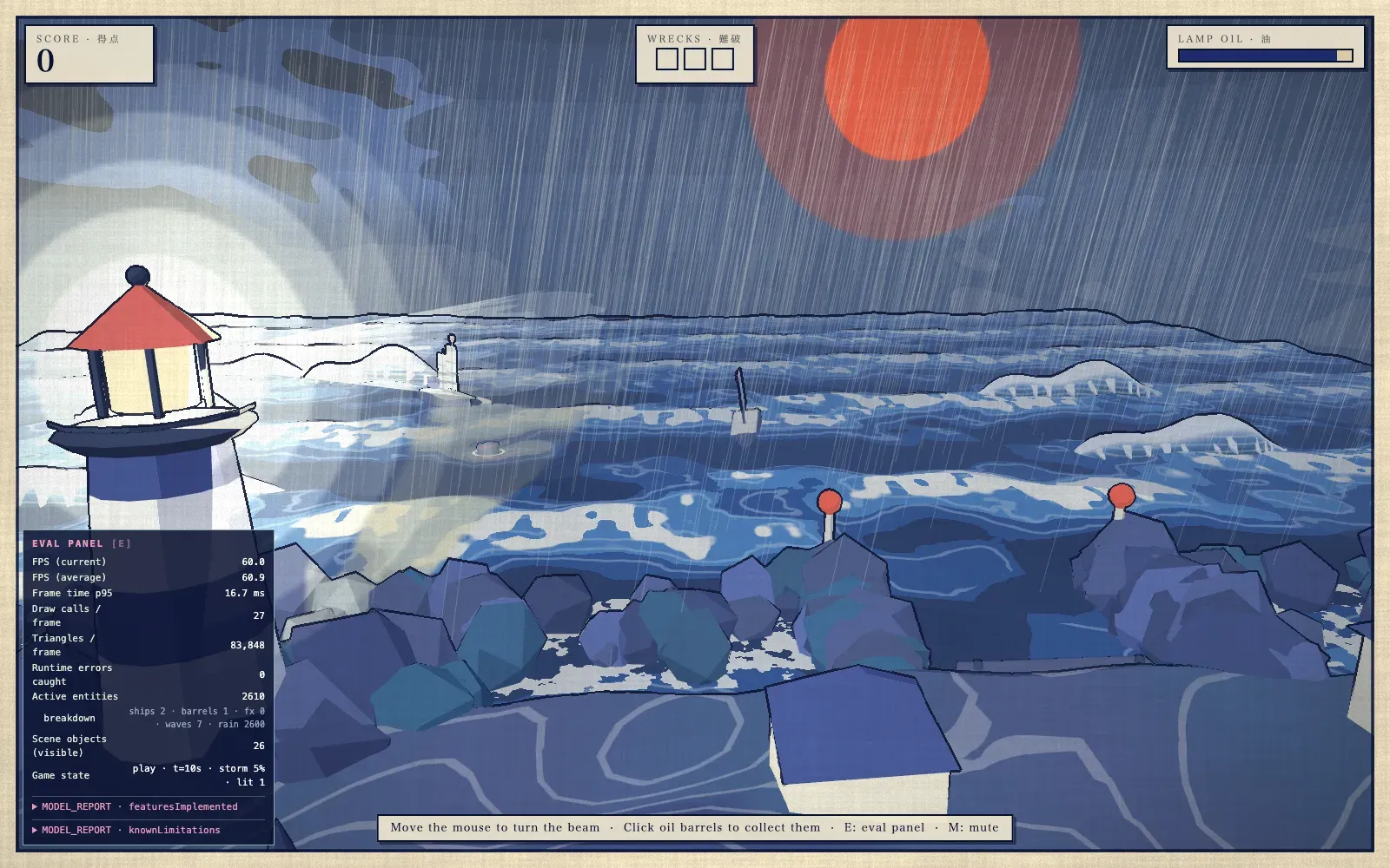 Sonnet 5.5 run, ten seconds in: a lighthouse with a red roof on the left, a vermilion moon, heavy rain over a choppy blue sea and rocky breakwater, inside a paper print border, with the eval panel open in the corner.